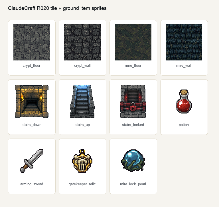 ClaudeCraft R020 tile and ground item sprite contact sheet